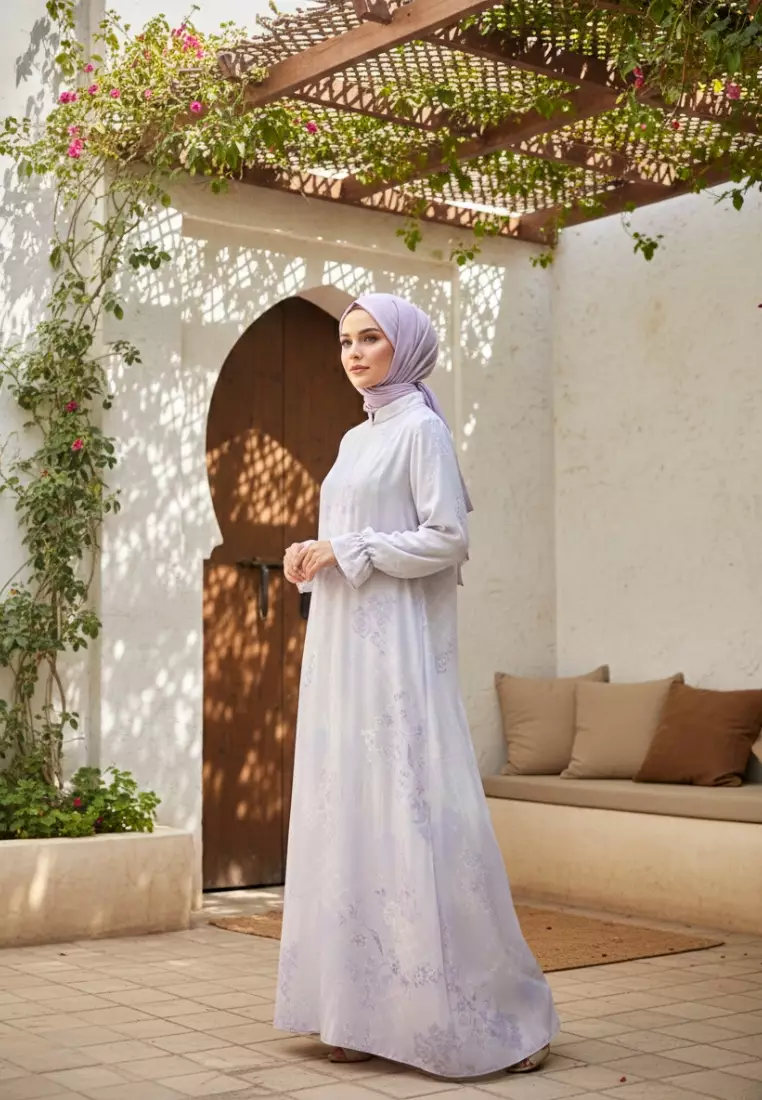 Gamis Lebaran Terbaru Mosleem Kekinian Lengan Karet Motif Warna Soft Purple By Brilliant Girl Warna UNGU