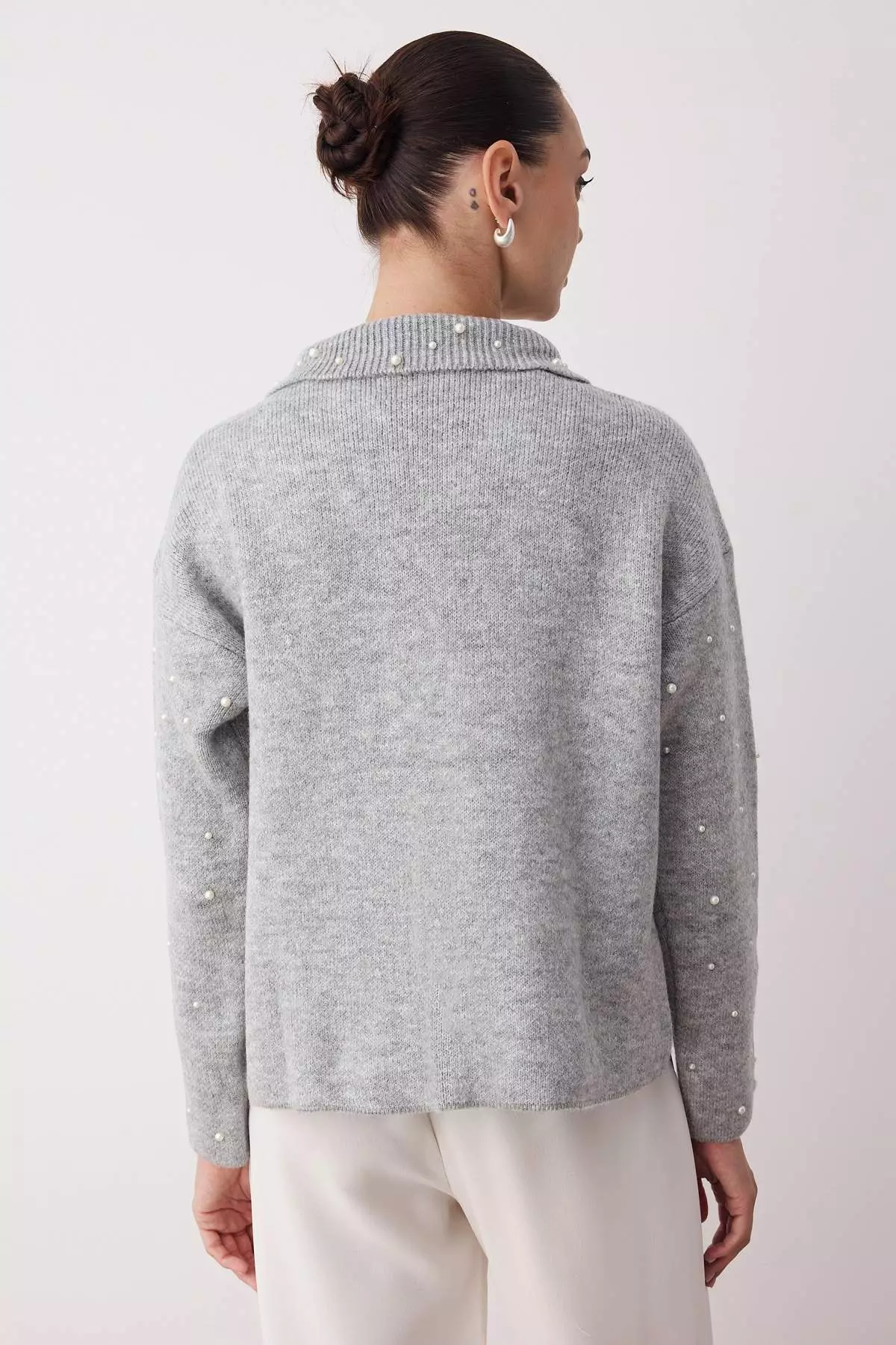 Gray Polo Collar Pearl Detail Wide Fit Knitwear Cardigan