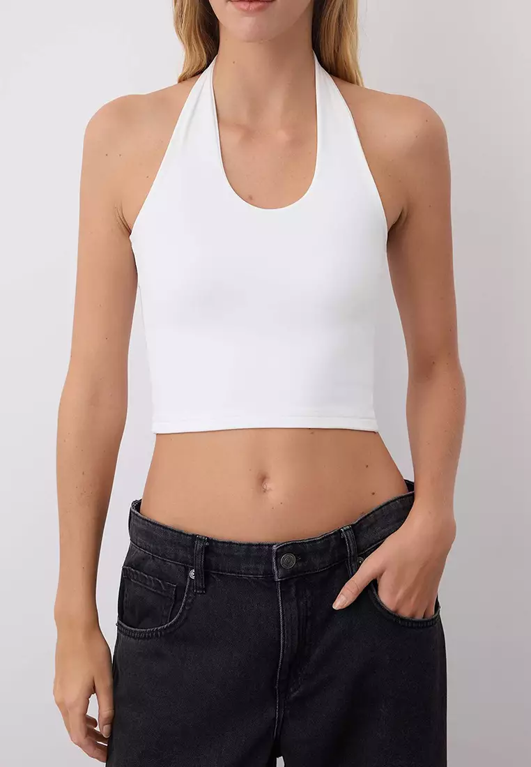 Black-White Halter Neck Fitted Crop Flexible Knit Blouse Twoaw26Bz00251