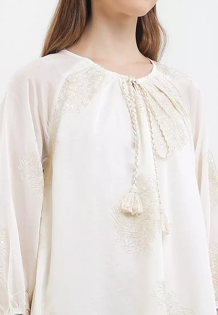 Long Puff Sleeves Seq Details Peony Emb Dress