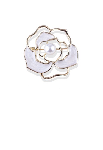 Glamorousky white Fashion and Elegant Plated Gold Hollow Camellia Brooch with Imitation Pearls 2DAF5AC4930B59GS_1