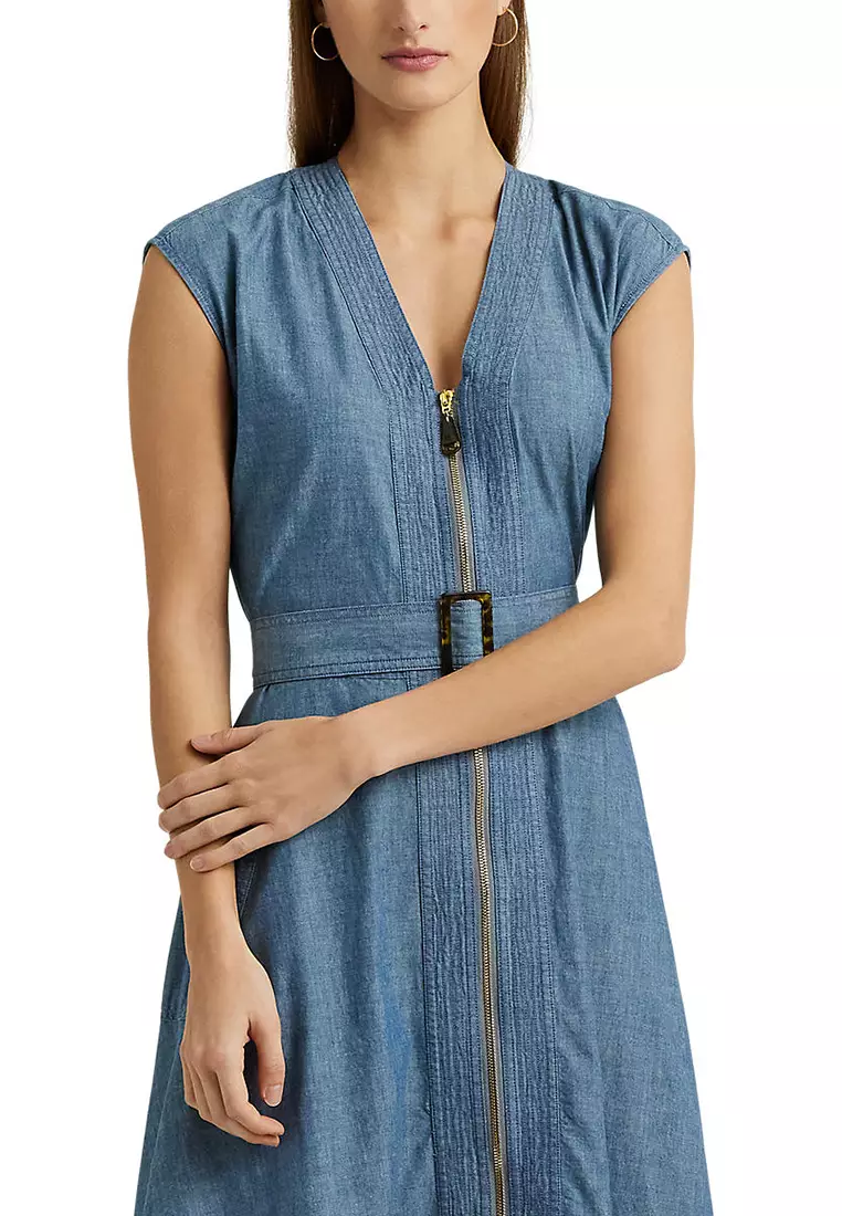 Lauren Ralph Lauren Belted Denim Cap-Sleeve Dress