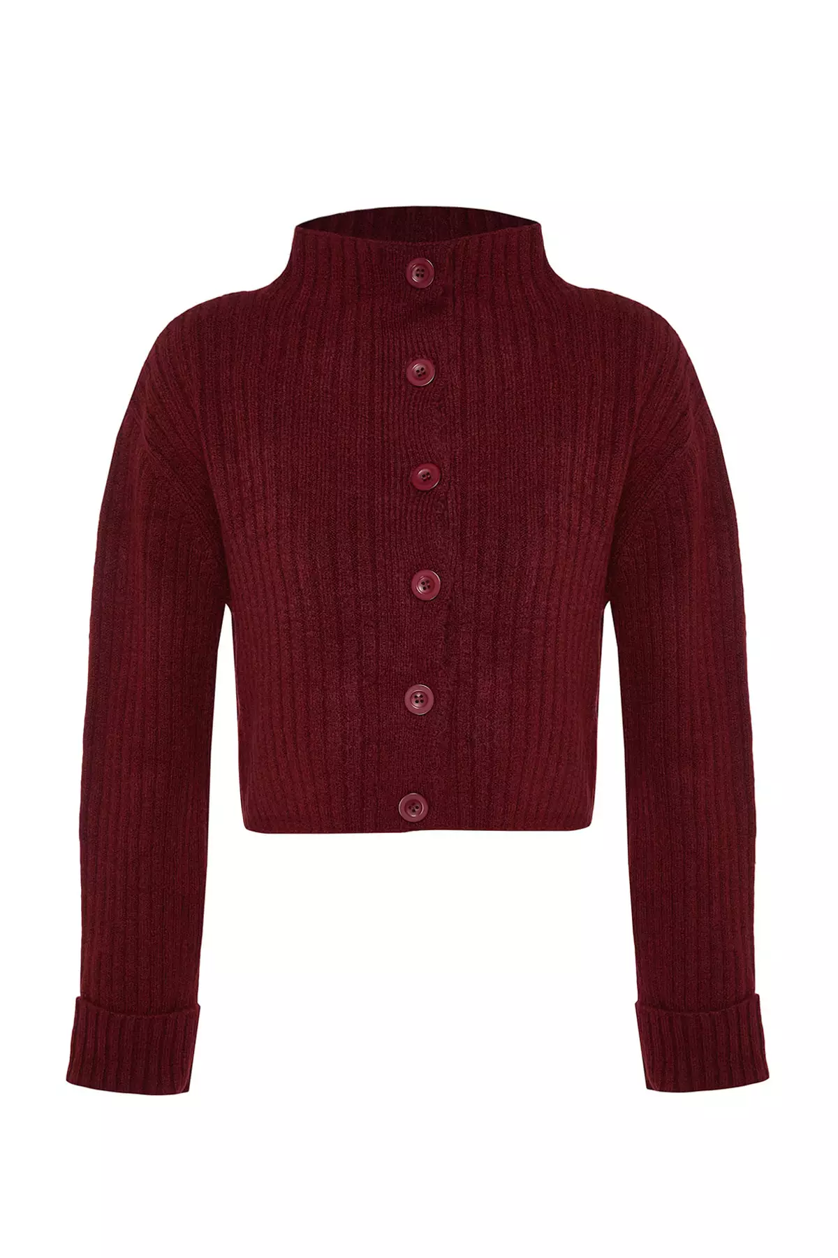 Claret Red Crop Soft Textured Stand Collar Knitwear Cardigan Twoaw22Hi174