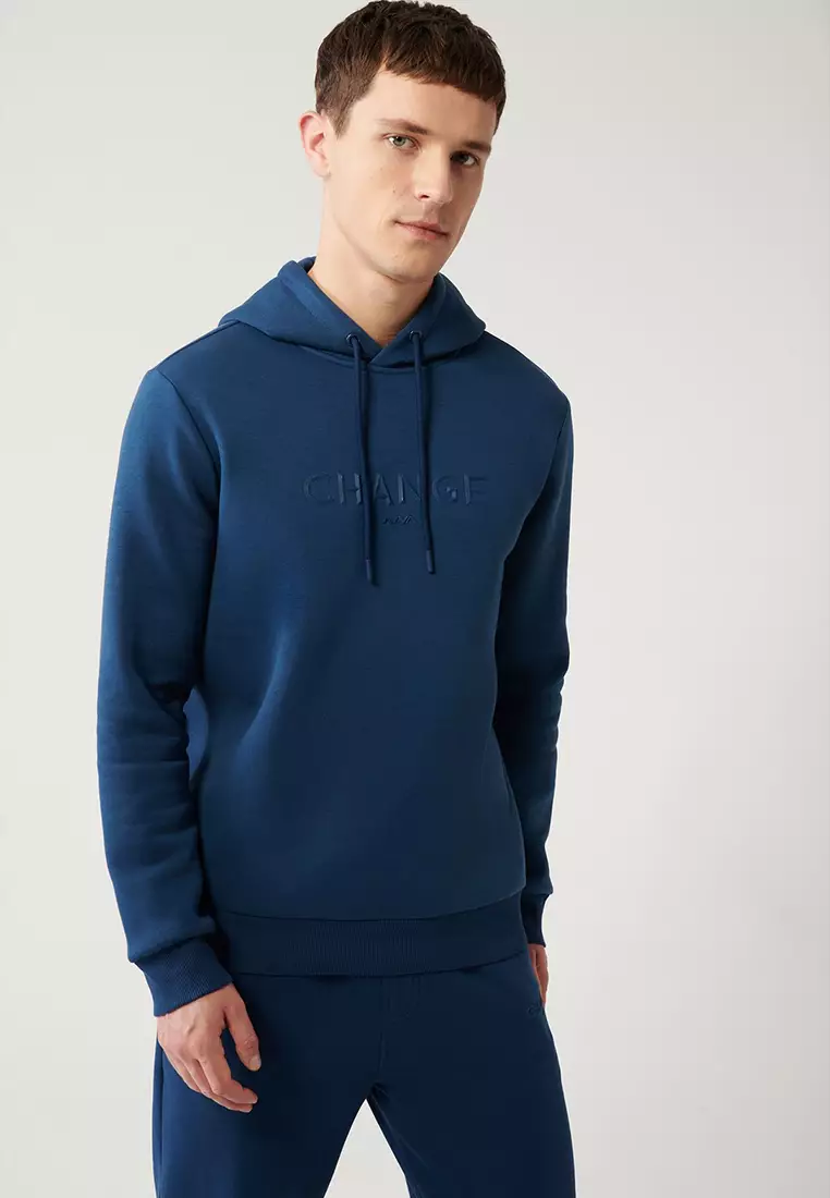 Men's Indigo Hooded 3 Thread Raised Printed Sweatshirt A32Y1240