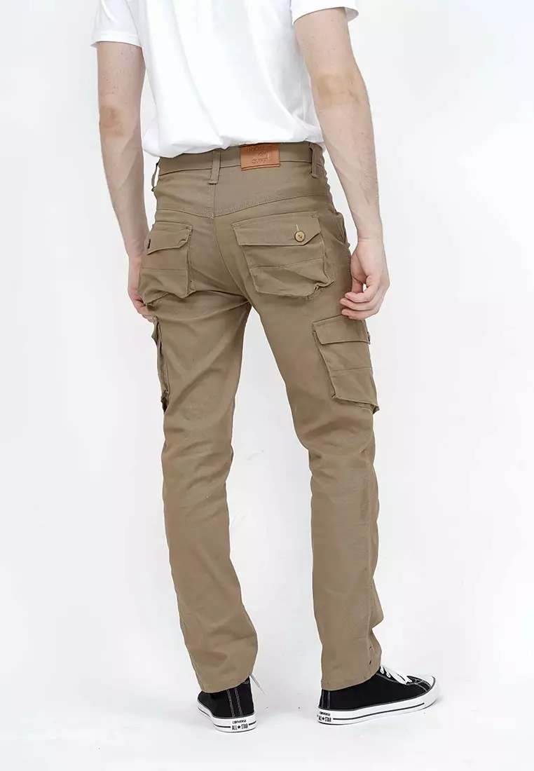 Celana Panjang kargo Pria Slim Fit Cargo pants kantong stretch melar krim tua