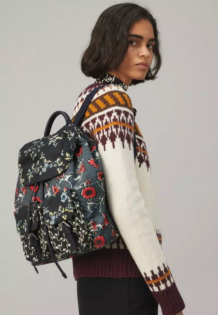 Jual TORY BURCH Tory Burch Mixed Print Nylon Flap Backpack Red