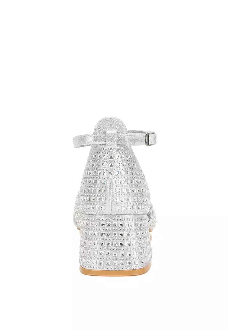 Low Block Heel Rhinestone Sandals in Silver