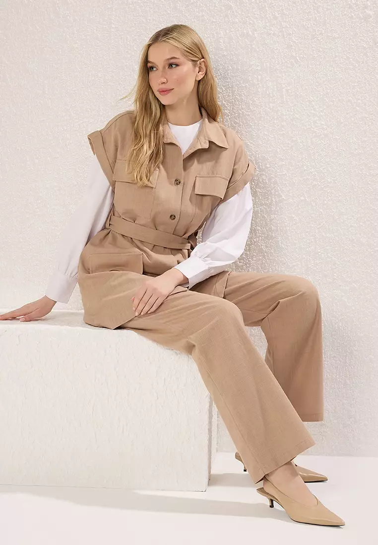 Camel Linen Look Belt Detail Vest-Pants Woven Bottom-Top Set TCTSS25US00025