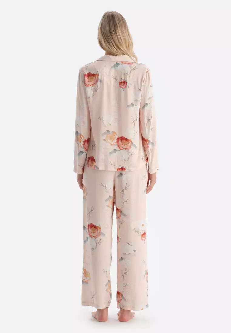 Cream Shirt, Floral Patterned, Regular Fit, Long Sleeve Sleepwear for Women