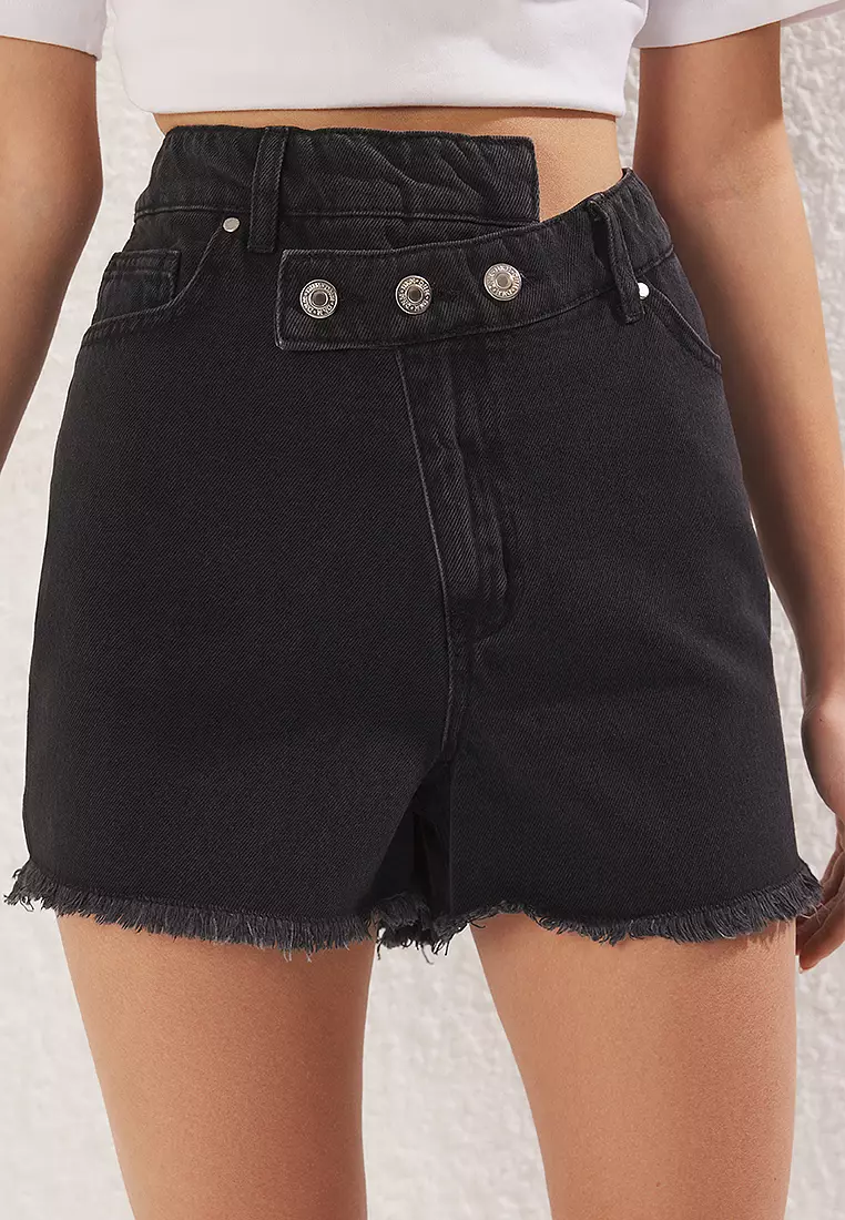 Black Ripped Double Breasted High Waist Denim Shorts