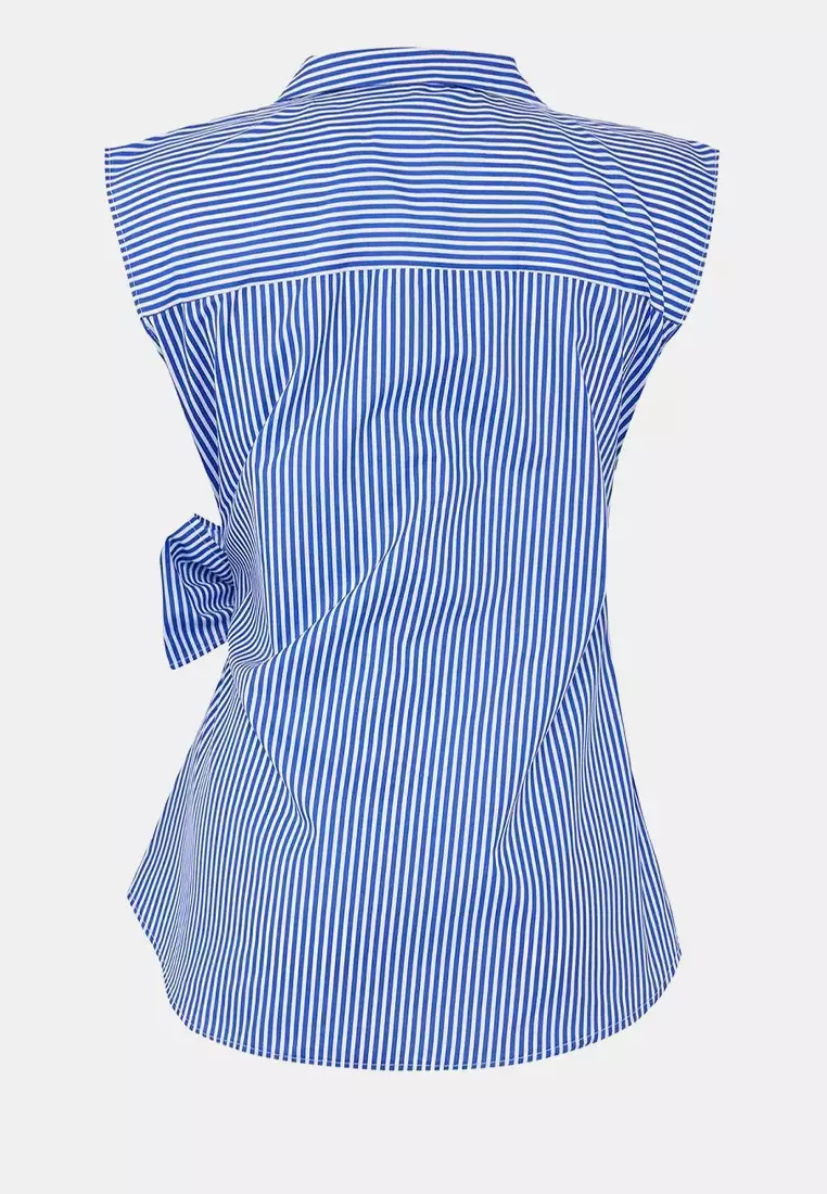 Blue Striped Double Breasted Tie Detailed Woven Blouse