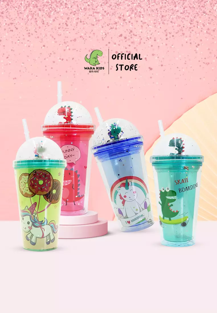 Wakakids Gelas Tumbler Cup Glitter Funny Dino Botol Minum Aesthetic Lucu Free Sedotan 450ML Merah