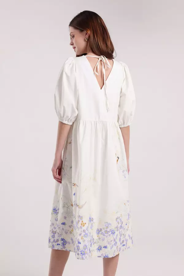 MINIMAL - Rhythm - Gaun Lengan Balon Motif Bunga  - Off White Warna Offwhite