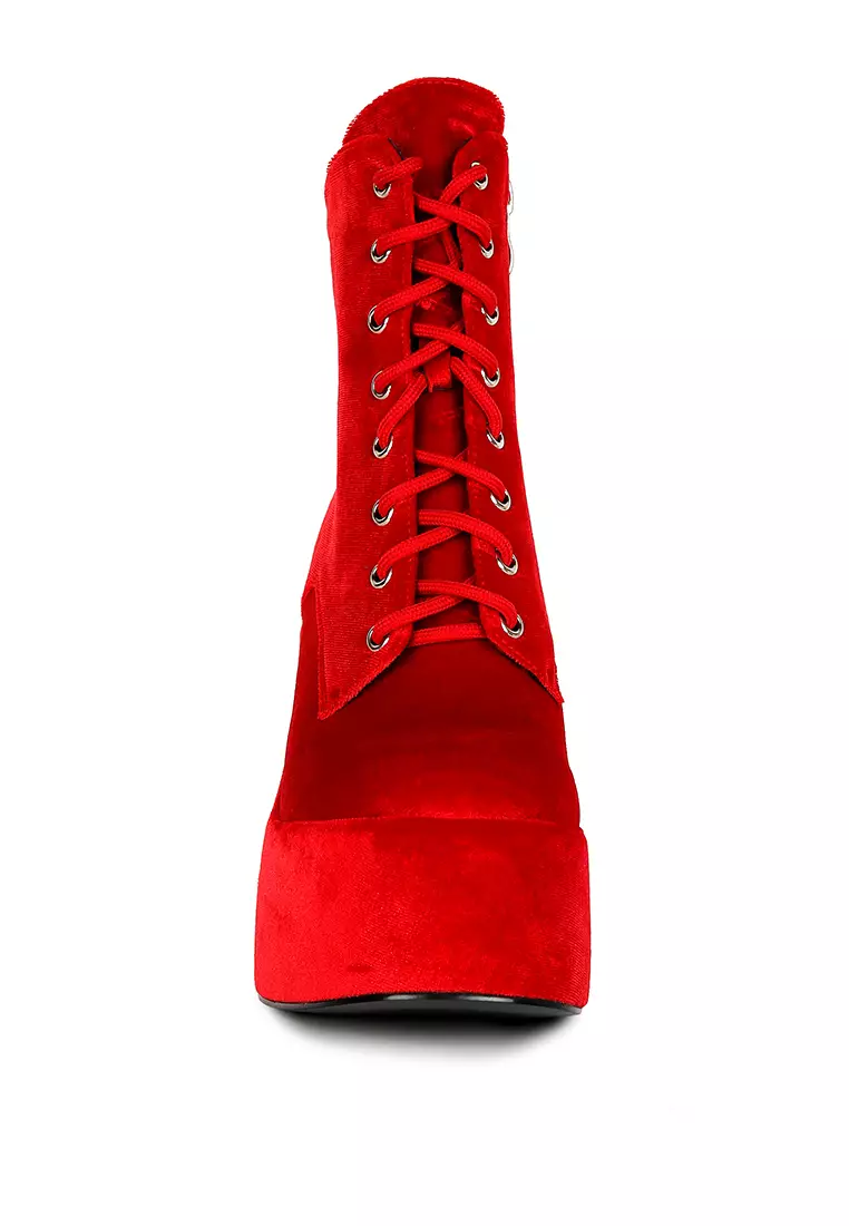 Buy RAG CO Red High Platform Velvet Ankle Boots 2024 Online