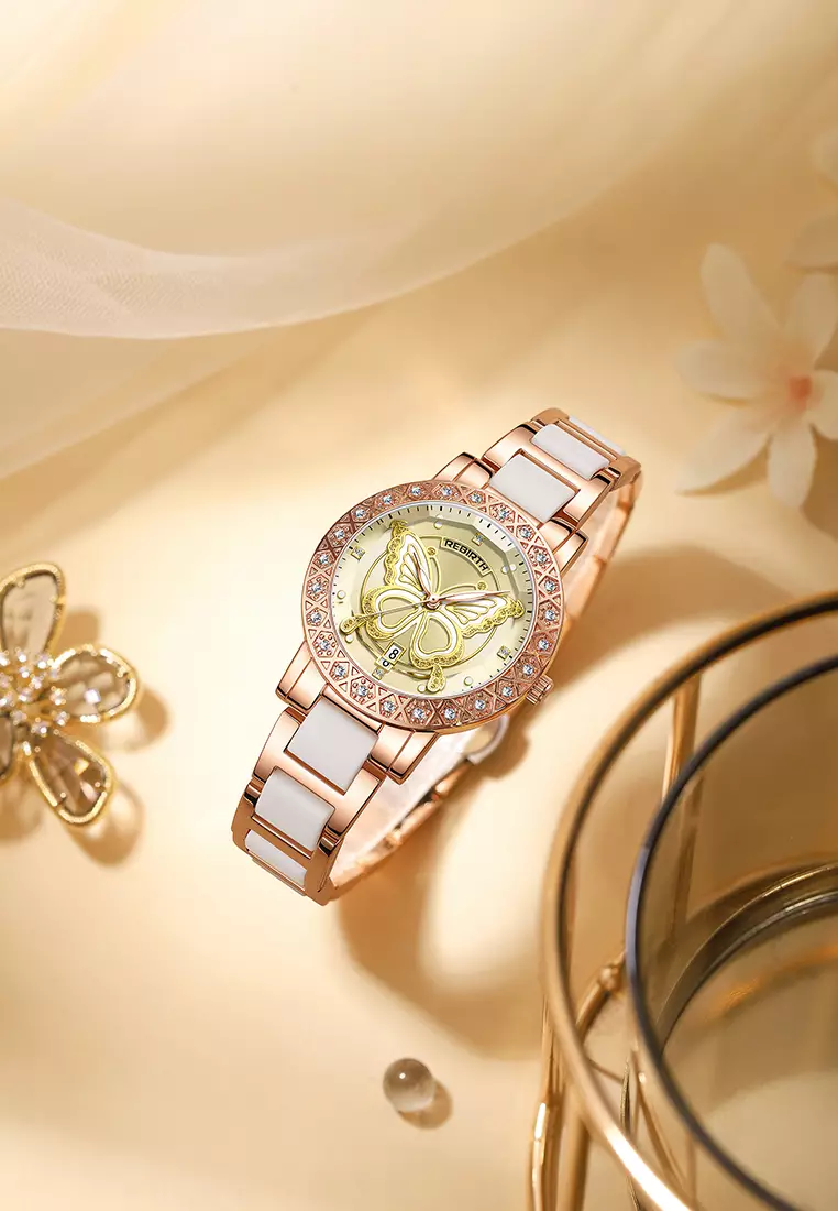 Jam Tangan Wanita Desain Kupu-Kupu Berlian Kristal Kalender Tali Stainless Steel Ceramic Anti Air Warna rosegreen