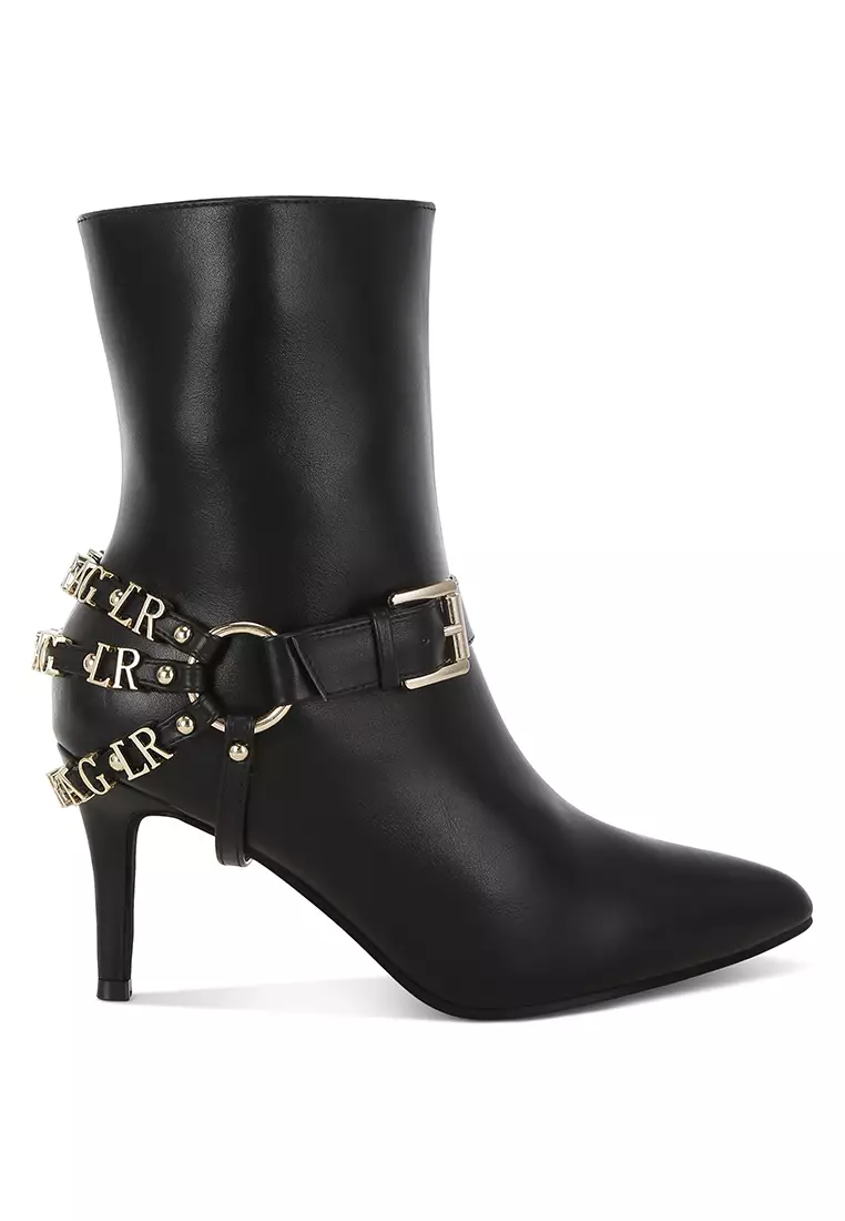 Sepatu bot stiletto detail tali kekang warna hitam