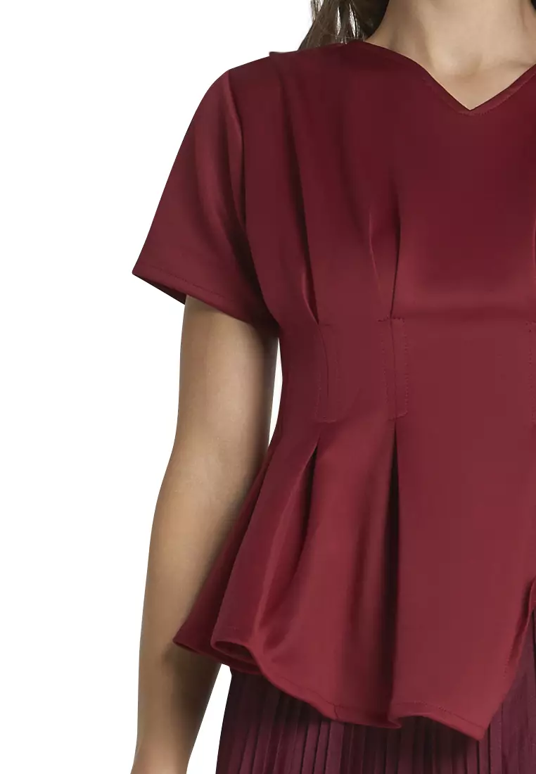 Callie Blouse Short Sleeve Motif Solid Atasan Wanita Casual - Maroon