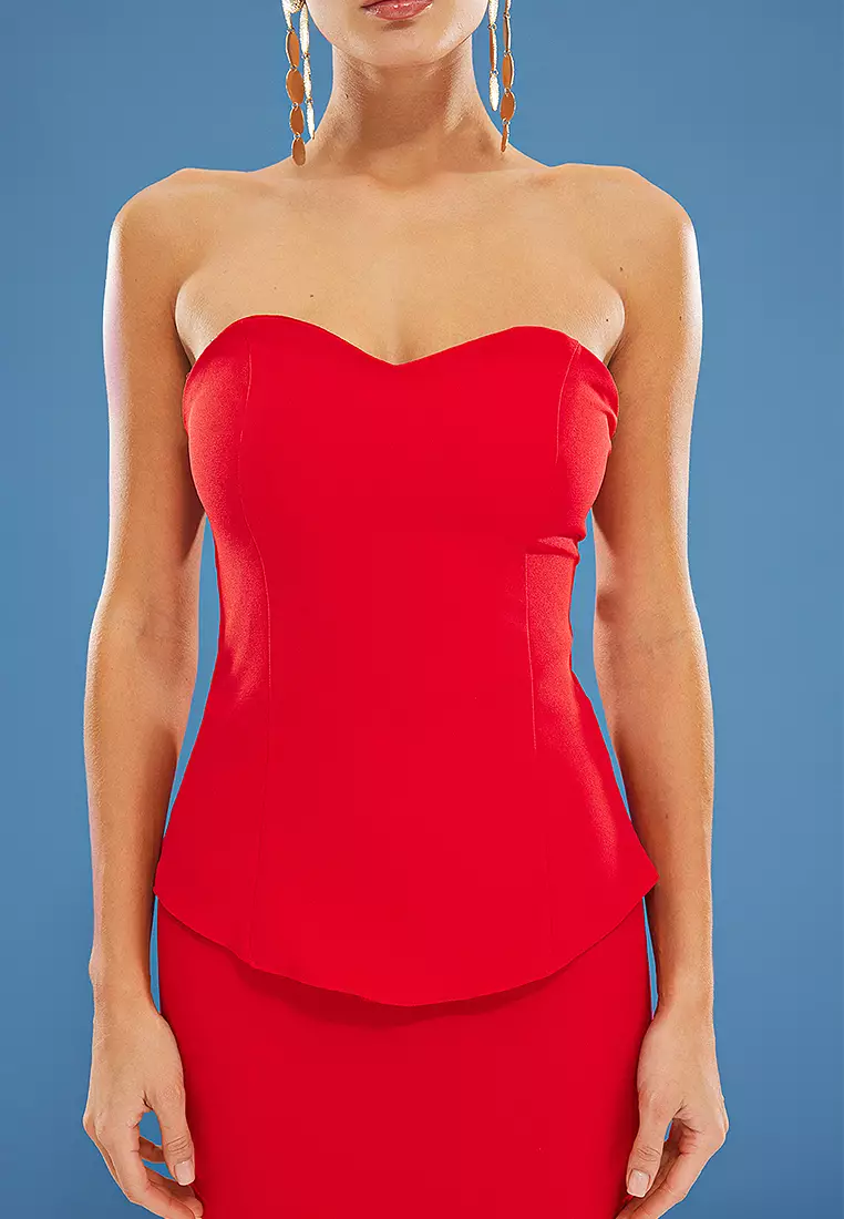 Red Strapless Woven Stylish Top Bottom Set