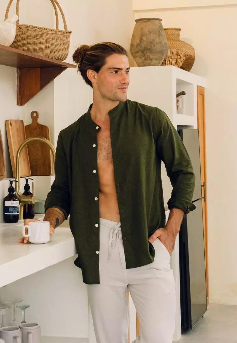 Santiago Kemeja Linen Lengan Panjang Pria Hijau Army | Linen Long Sleeve Shirt Men Army Green