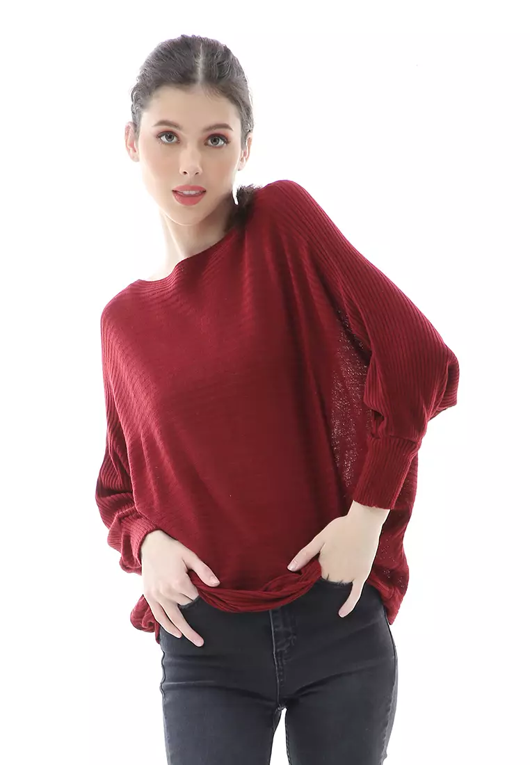 Eveline Sweater Rajut Batwing Atasan Wanita Motif Polos High Quality - Maroon