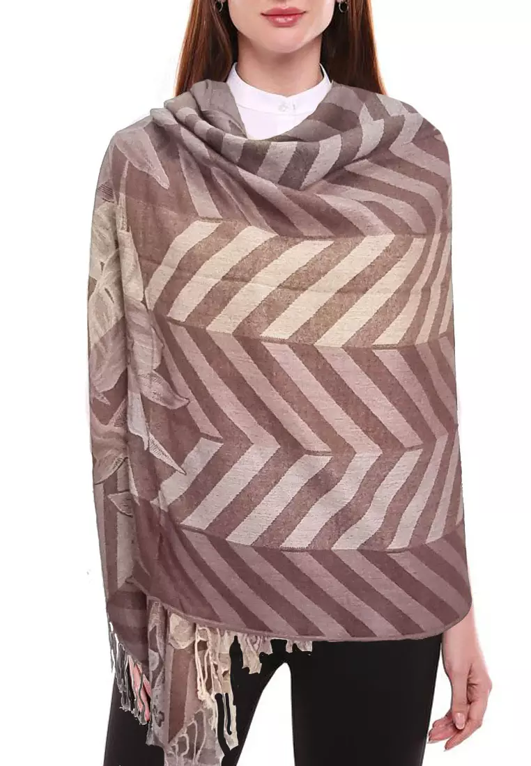 Aksesoris Wanita Viscose Zig Zag Flora Pattern Pashmina Shawl Syal Wanita Chocolate