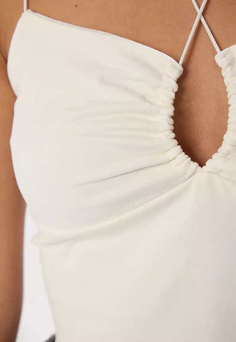 Ecru Halter Neck Spaghetti Strap Cotton Stretch Crop Knit Tank Top