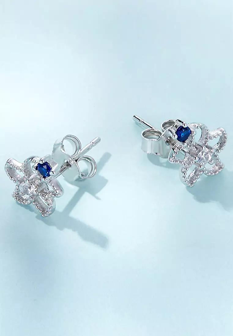 Solid Silver Mono Blue Flower Earrings