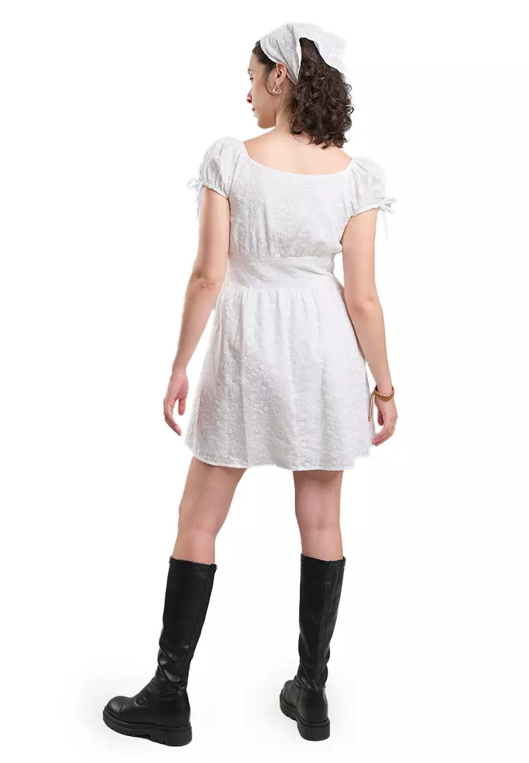 Embroidered Cotton Short Dress With Puff Sleeves