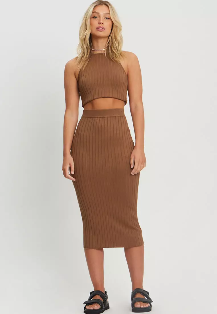 Brown Ribbed High Waist Midi Skirt