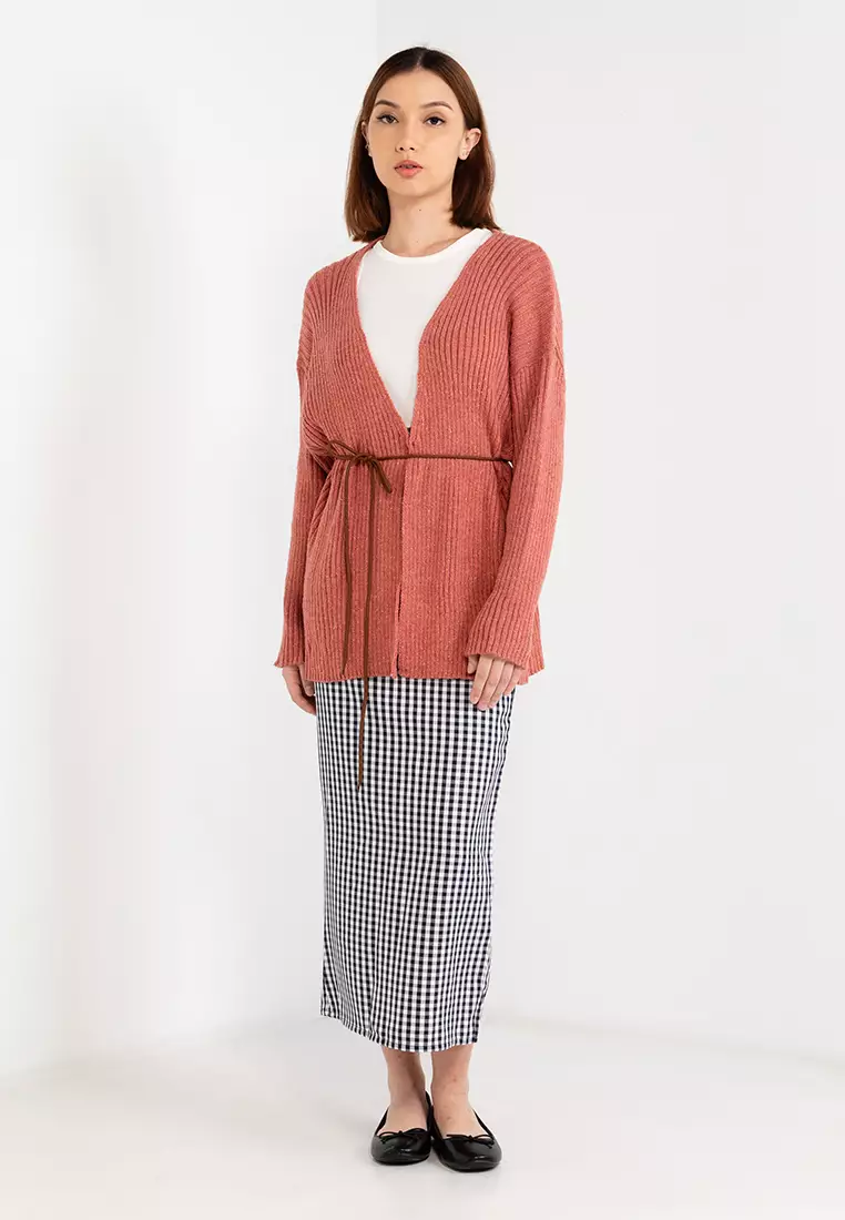 高腰格子開衩窄裙