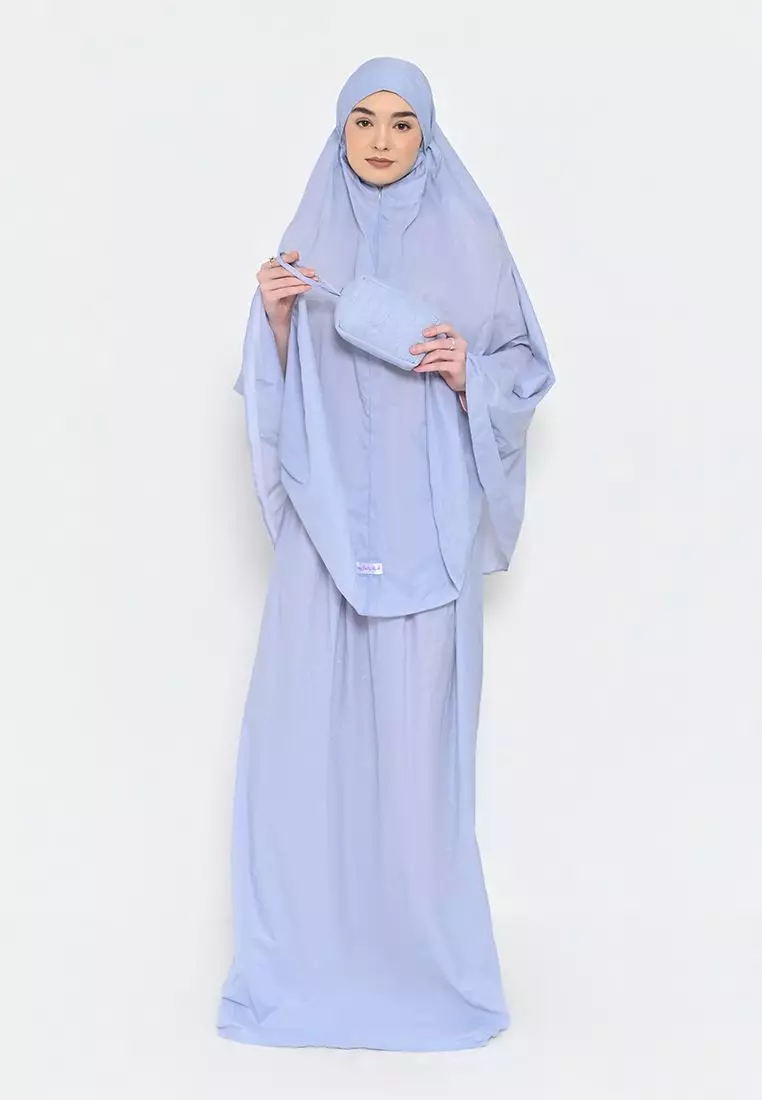 Mukena Traveling Mini Pouch Powder Blue Free Sajadah Travel