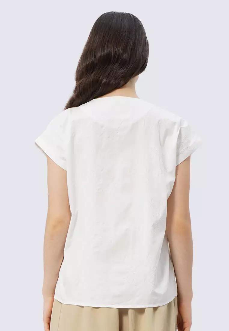 V-Neck Short Sleeve Blouse OFF WHITE