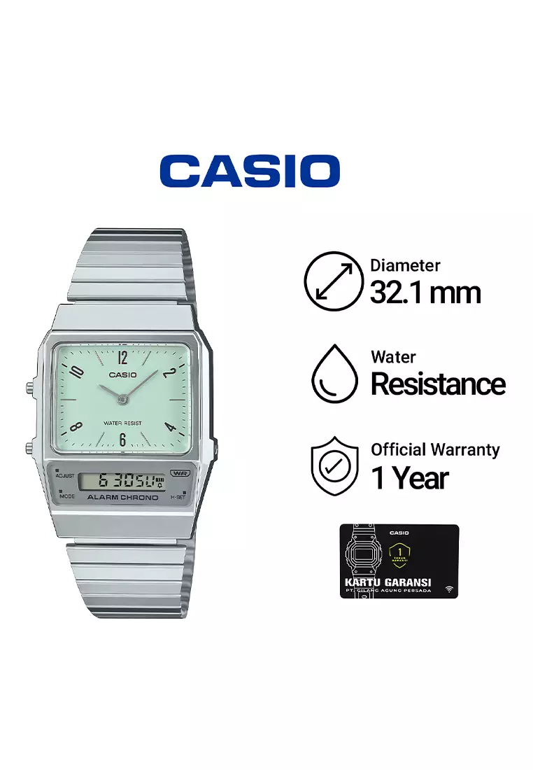 Casio Vintage Analog Digital AQ-800E-3A Jam Tangan Unisex - Light Green Dial Silver Stainless Steel