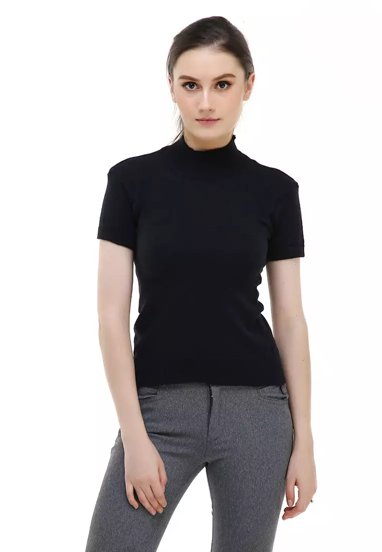 Earl Tshirt Lengan Pendek Turtleneck Design Simple Atasan Wanita - Hitam