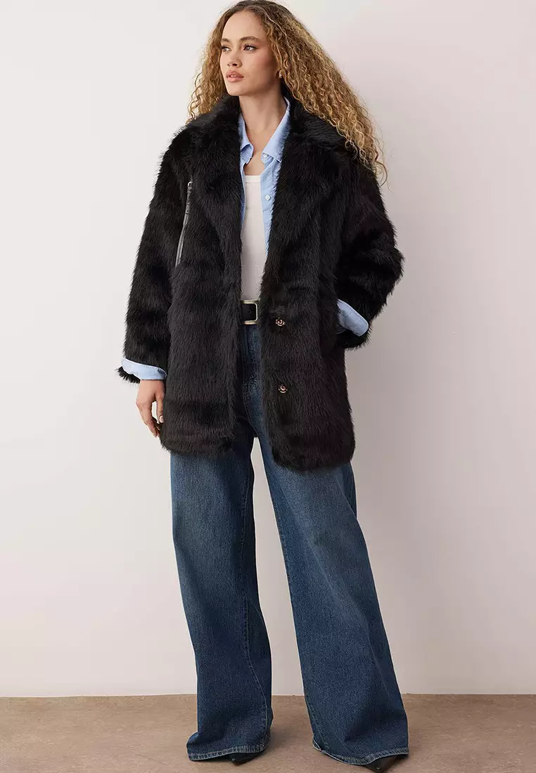 Black Fur Mono Closure Oversize Midi Coat Twoaw26Kb6