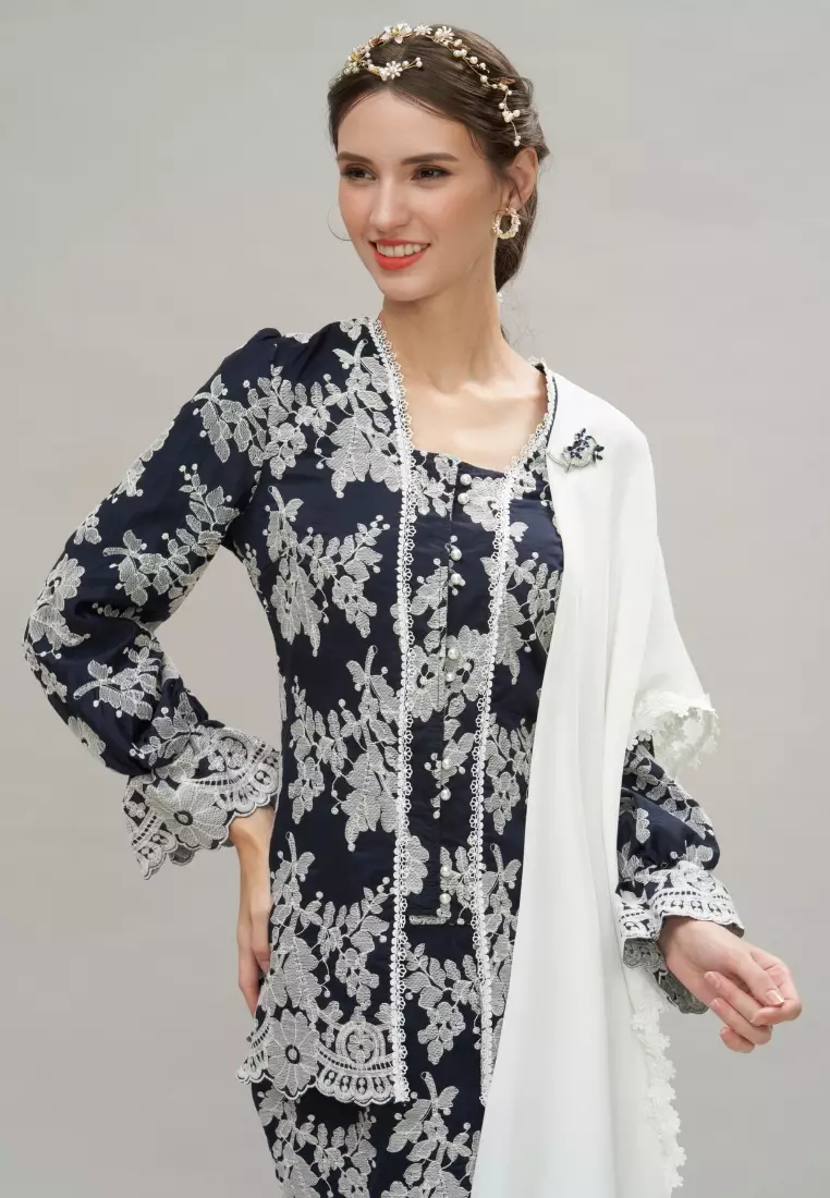 Navy Blue Silk Embroidery Puff Sleeve Kebaya Top & Maxi Skirt Hari Raya