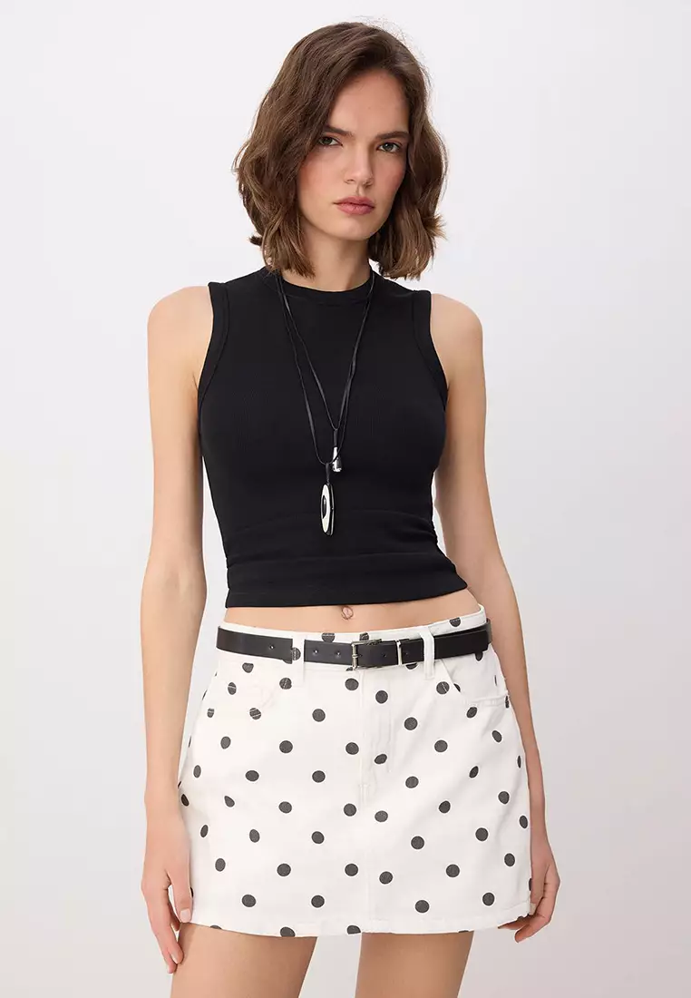 Multi-Colored Polka Dot Patterned Belt Detailed Back Skirt-Looking Denim Shorts Skirt Twoaw26Sr2
