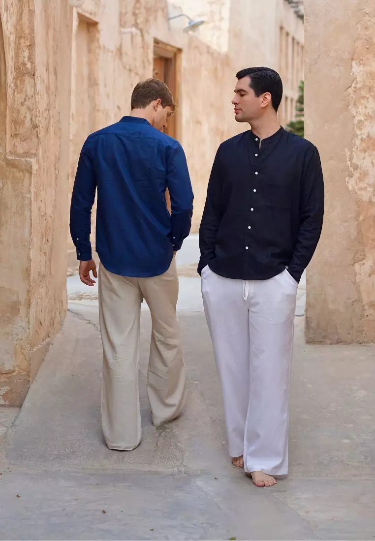 Calo Kemeja Linen Lengan Panjang Pria Biru Navy | Linen Long Sleeve Shirt Men Navy Blue