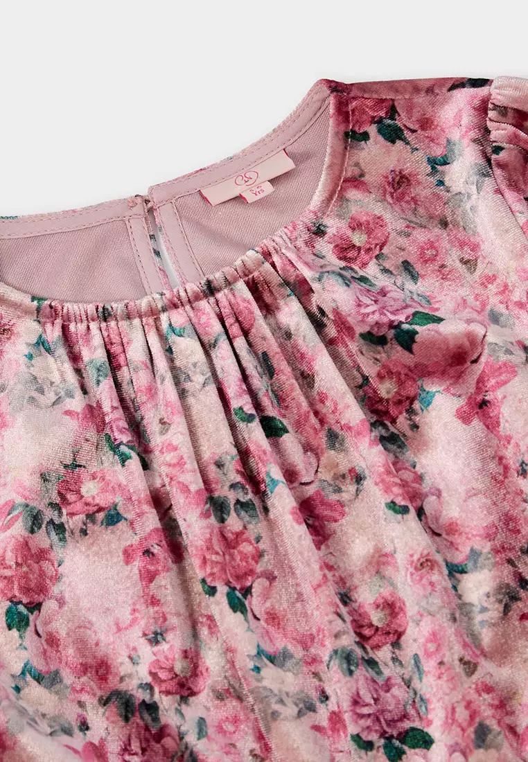 Violet Floral Printed Velvet Tiered Dress