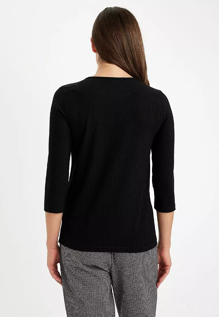 Regular Fit Crew Neck Ribbed Camisole Buttoned Half Sleeve Basic Plain T-Shirt