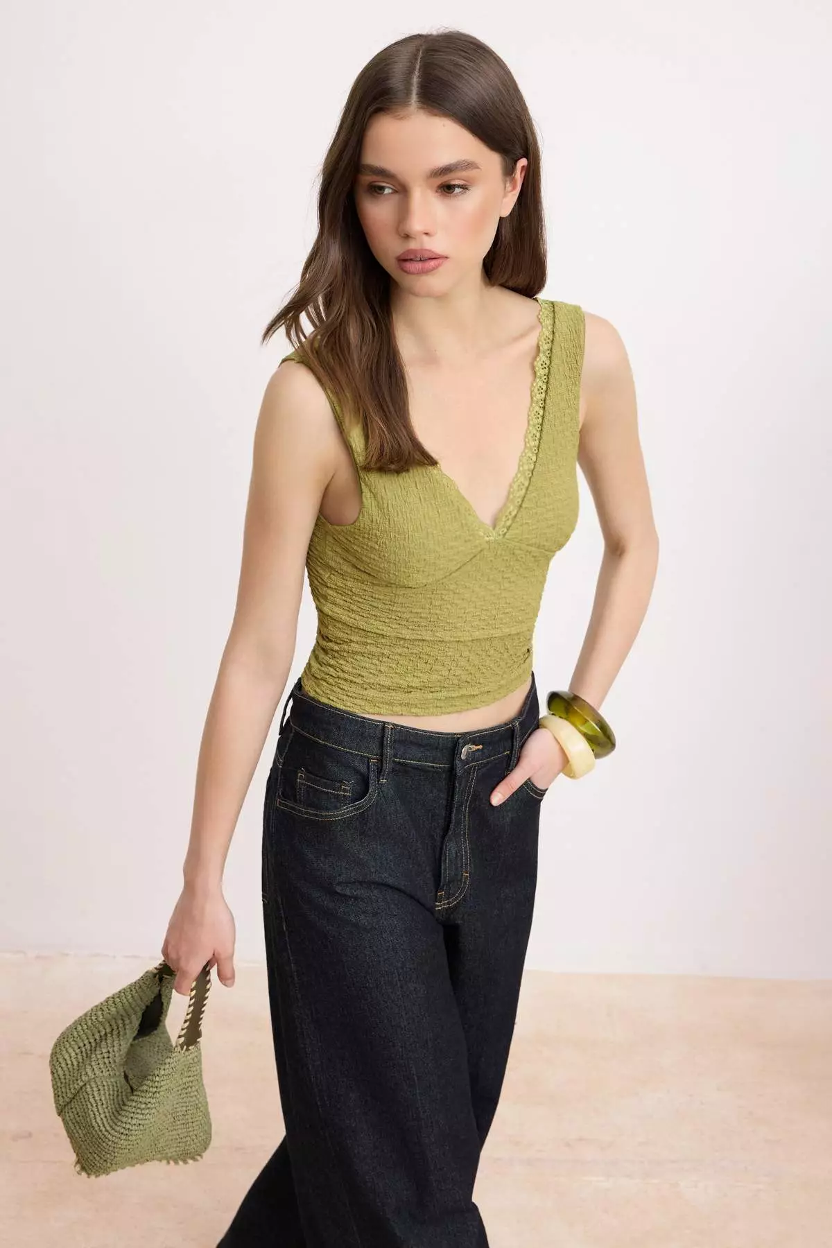 Khaki Plain Fitted V-Neck Lace Detailed Sleeveless Textured Knitted Blouse Twoss26Bz61