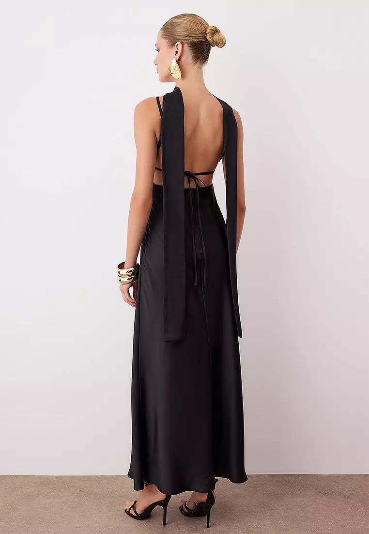 Shawl Detailed Satin Maxi Evening Dress