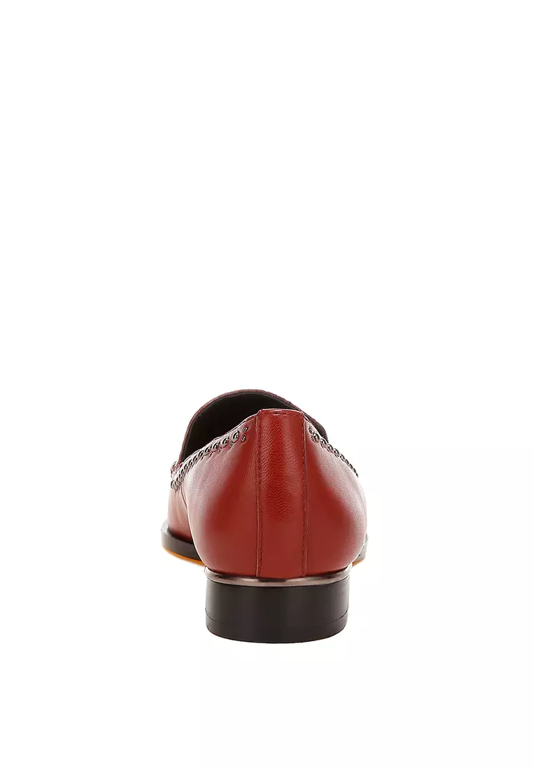 酒紅色鉚釘裝飾皮革樂福鞋