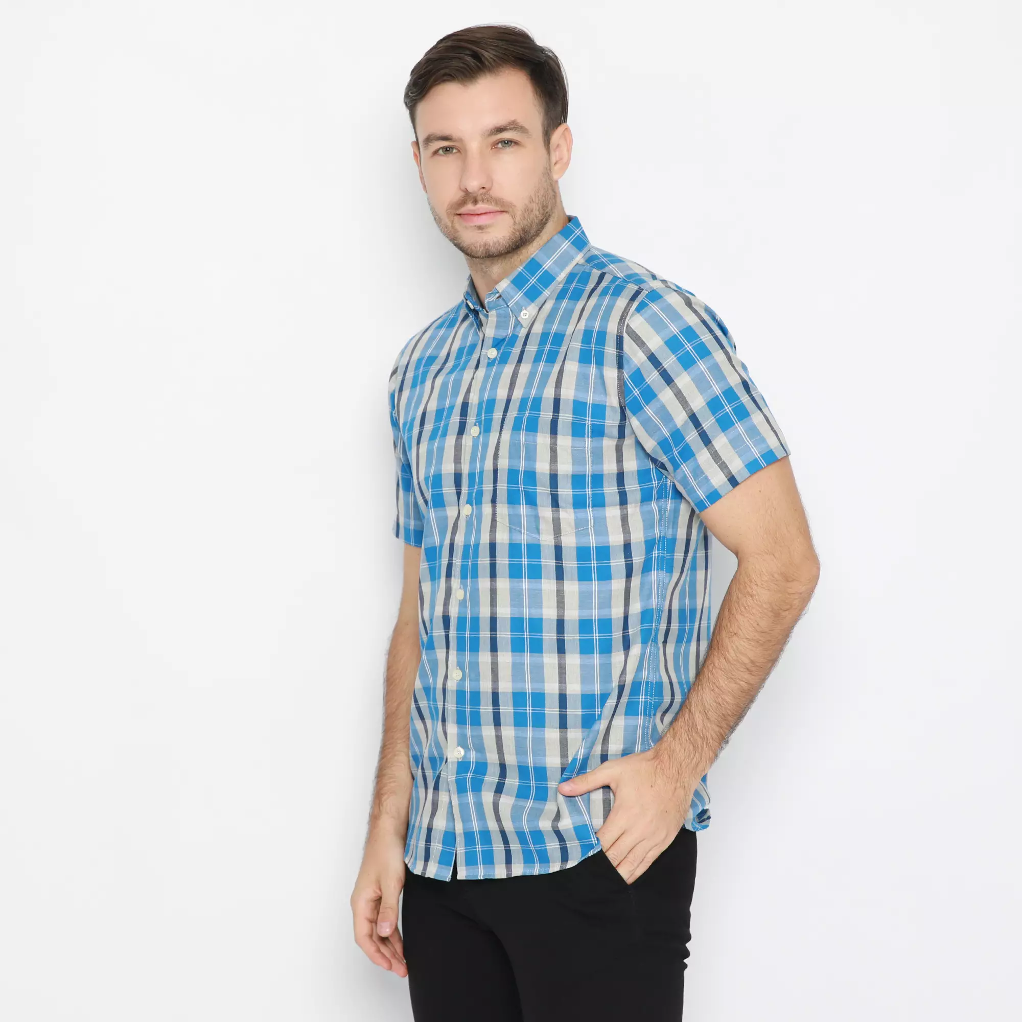 Platini Kemeja Pria Lengan Pendek Katun Kotak Biru 73245