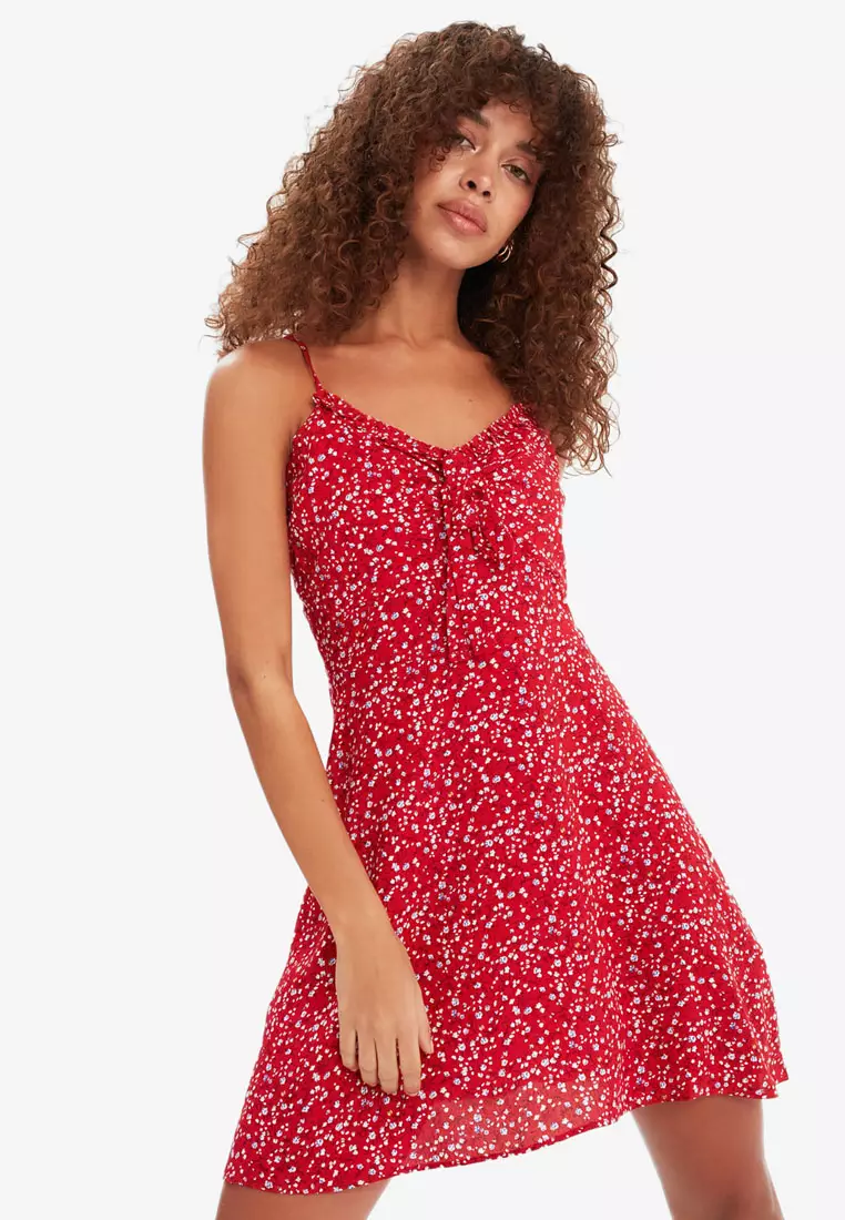 Red long outlet floral dress