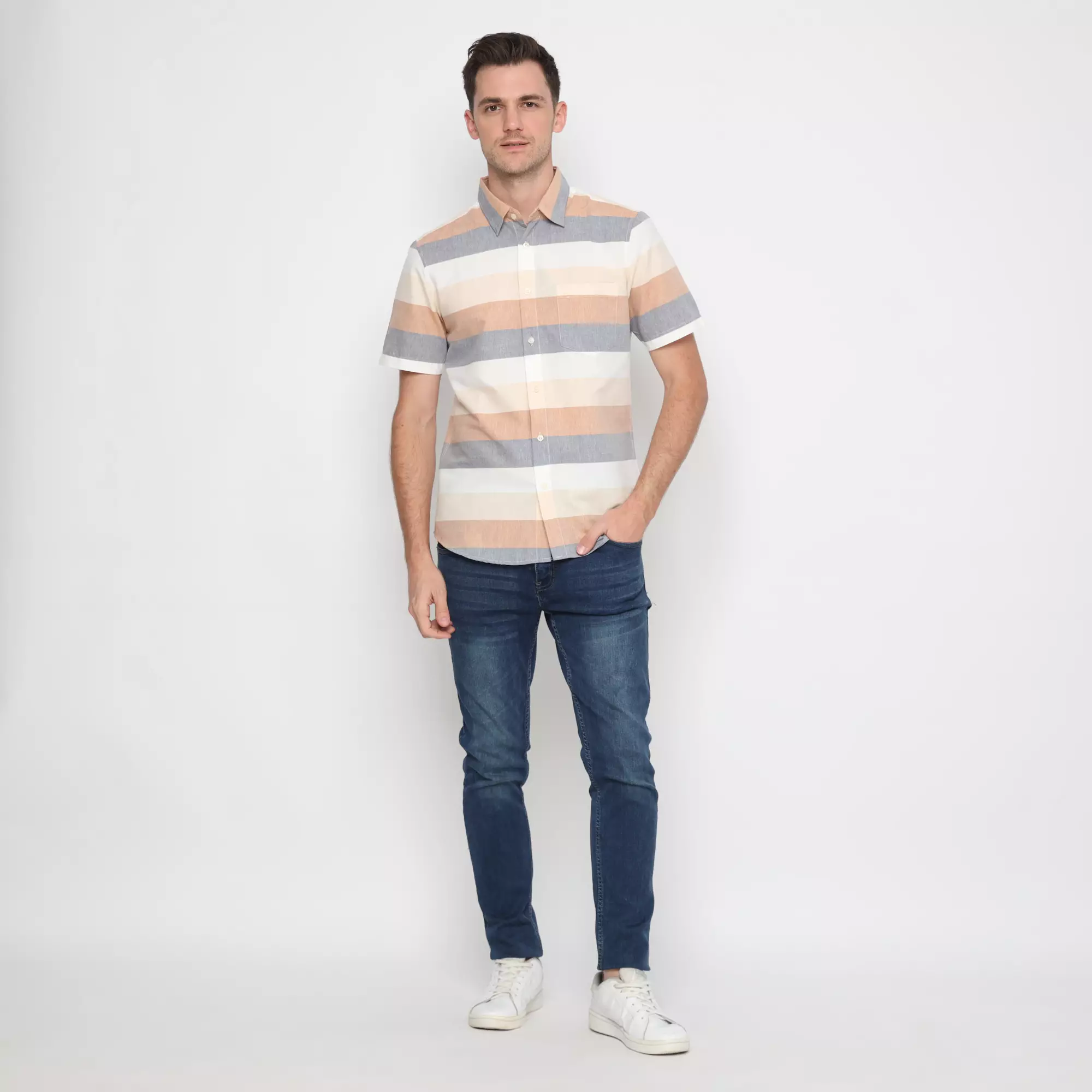 Platini Kemeja Salur Pria Lengan Pendek Katun Krem 73426