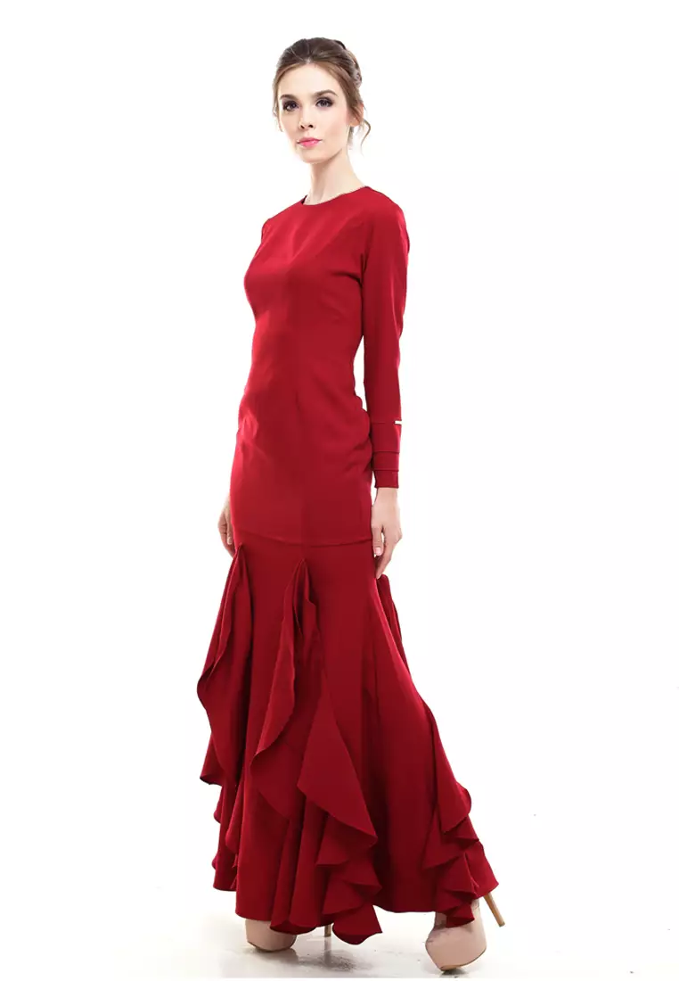 Zerra Kurung Modern Ruffle Skirt in Red Maroon