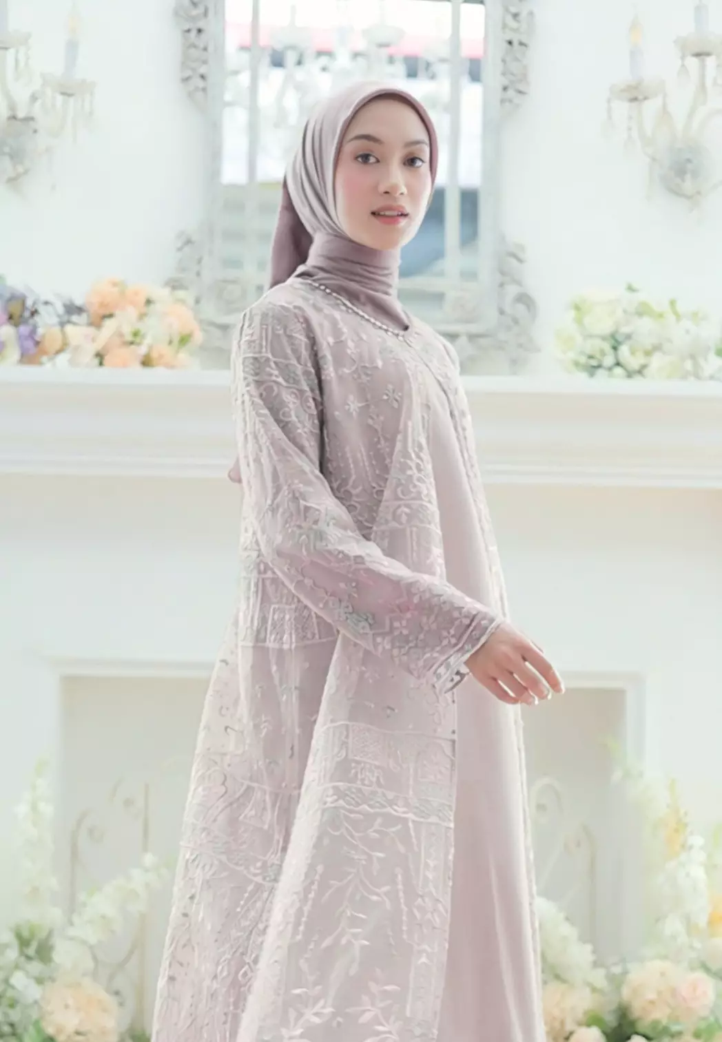 Mosleem Long Dress Broakat With Pearl Detail in Dusty Pink By Brilliant Girl Warna Dusty Pink