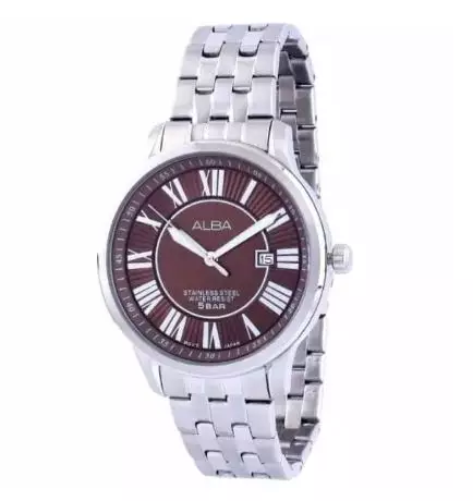 Jam Tangan Pria Vintage Alba AS9099 AS9099X1 Stainless Steel Silver Quartz Watches Brown Dial Silver Brown Color