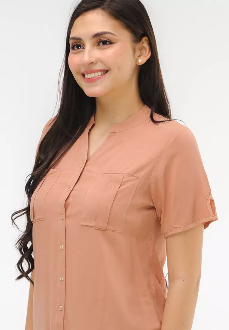 Woven Plain Rayon Short Sleeves Blouse